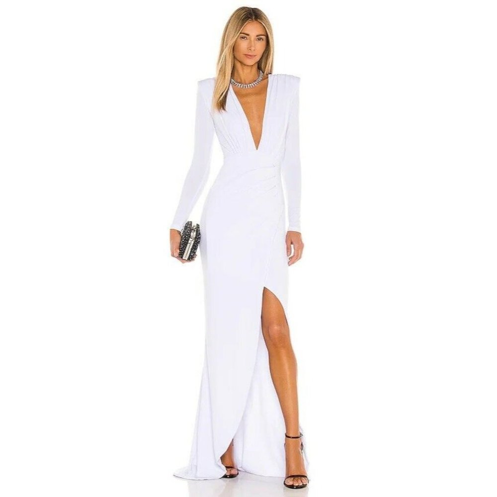 Nookie Farrah Gown White Long Bodycon Deep V Party Wedding